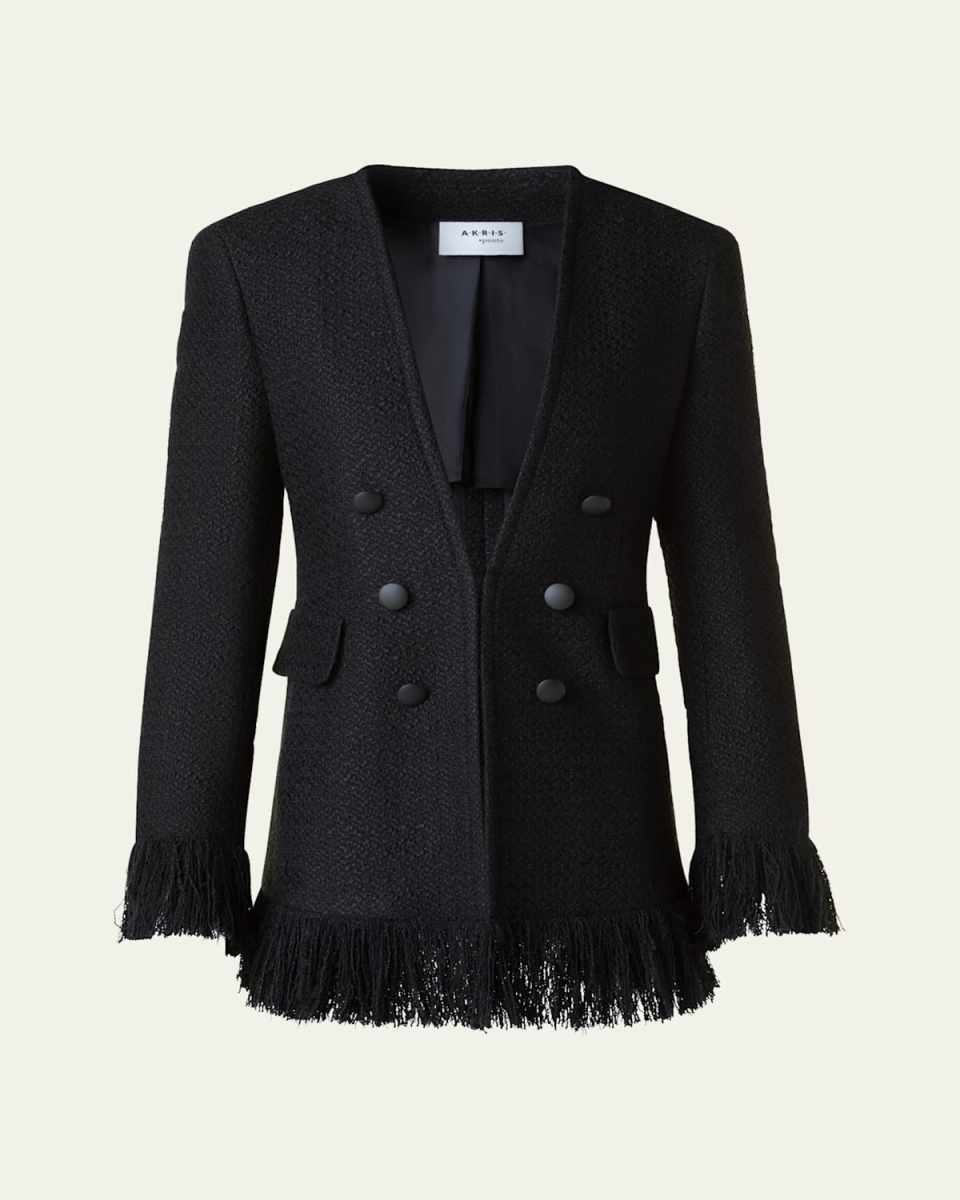Double-Breasted Illusion Boucle Tweed Fringed Jacket